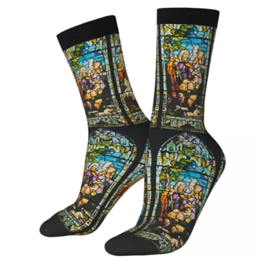 Stained Glass Jesus Christ God Religious Gothic Goth Unisex Crew Socks